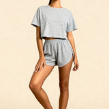 Set scurt cu fante și crop top Carmen Gri