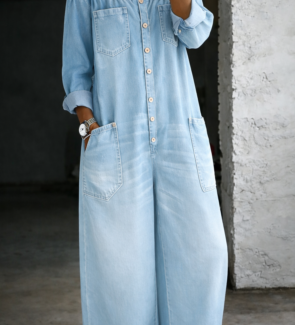 Elena™ | Salopetă din denim cu umeri descoperiți