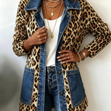 Madeleine | Jachetă lungă din denim cu imprimeu leopard și contrast