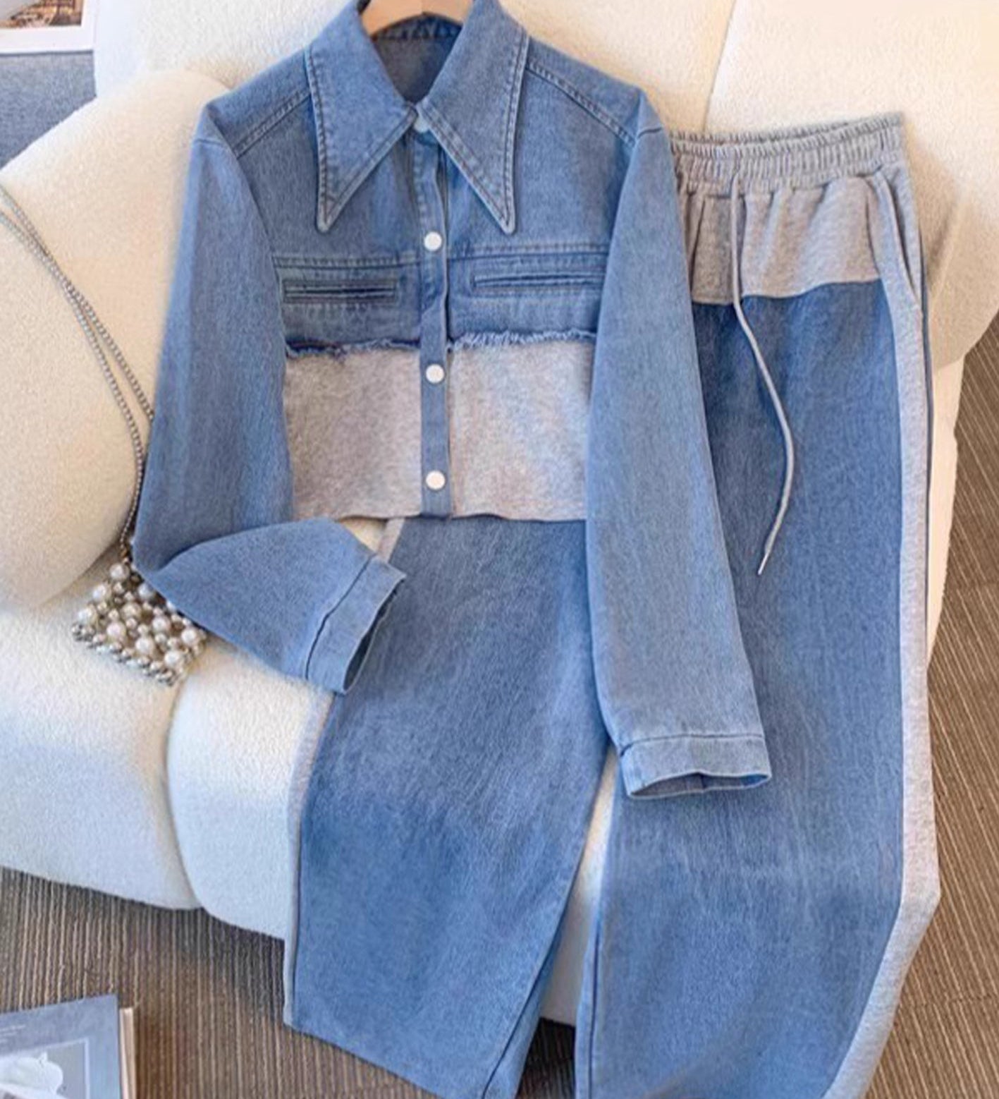 Danielle | Set Jachetă Cropped cu Blocat de Culoare & Pantaloni Largi