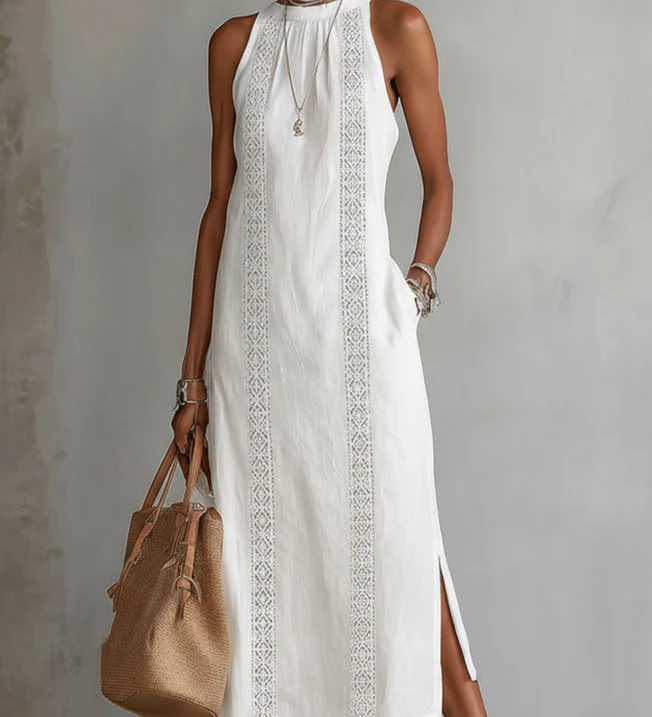 Jimena - Rochie midi din in cu guler Mao