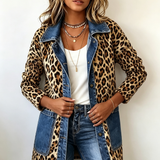 Madeleine | Jachetă lungă din denim cu imprimeu leopard și contrast