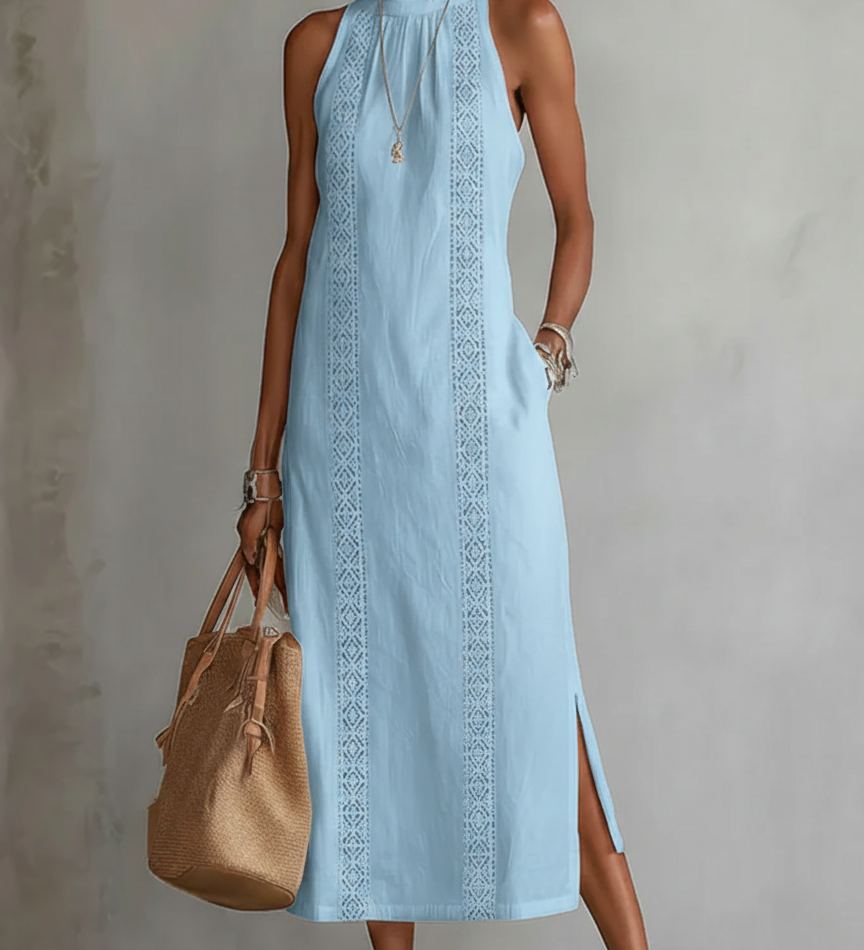 Jimena - Rochie midi din in cu guler Mao