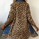 Madeleine | Jachetă lungă din denim cu imprimeu leopard și contrast