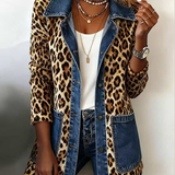 Madeleine | Jachetă lungă din denim cu imprimeu leopard și contrast