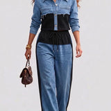 Danielle | Set Jachetă Cropped cu Blocat de Culoare & Pantaloni Largi