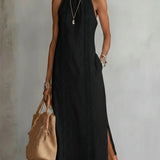 Jimena - Rochie midi din in cu guler Mao